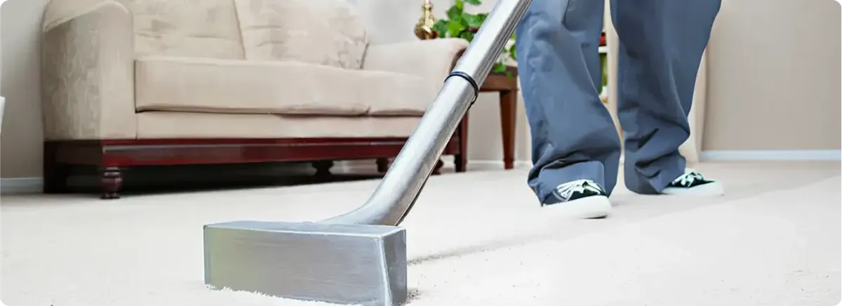 Carpet cleaning technician using a hot-water extraction wand on a light-colored carpet in a living room, Sioux Falls, SD.